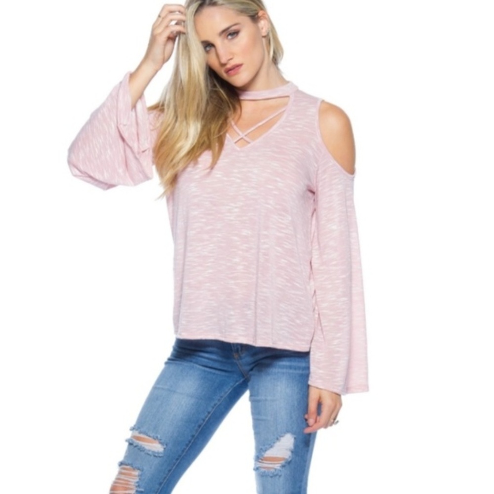 Pink Cold Shoulder Bell Sleeve Top
